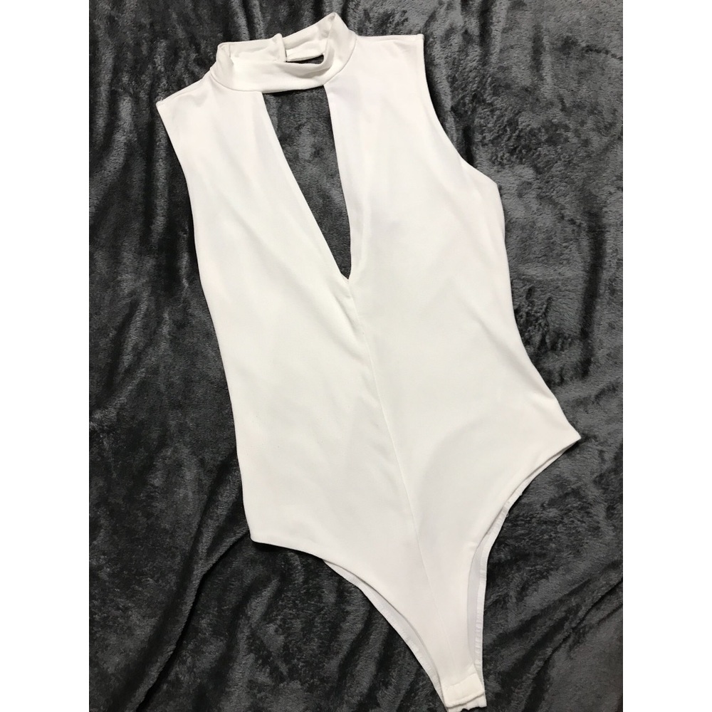 Deep-Cut White High Neck Bodysuit